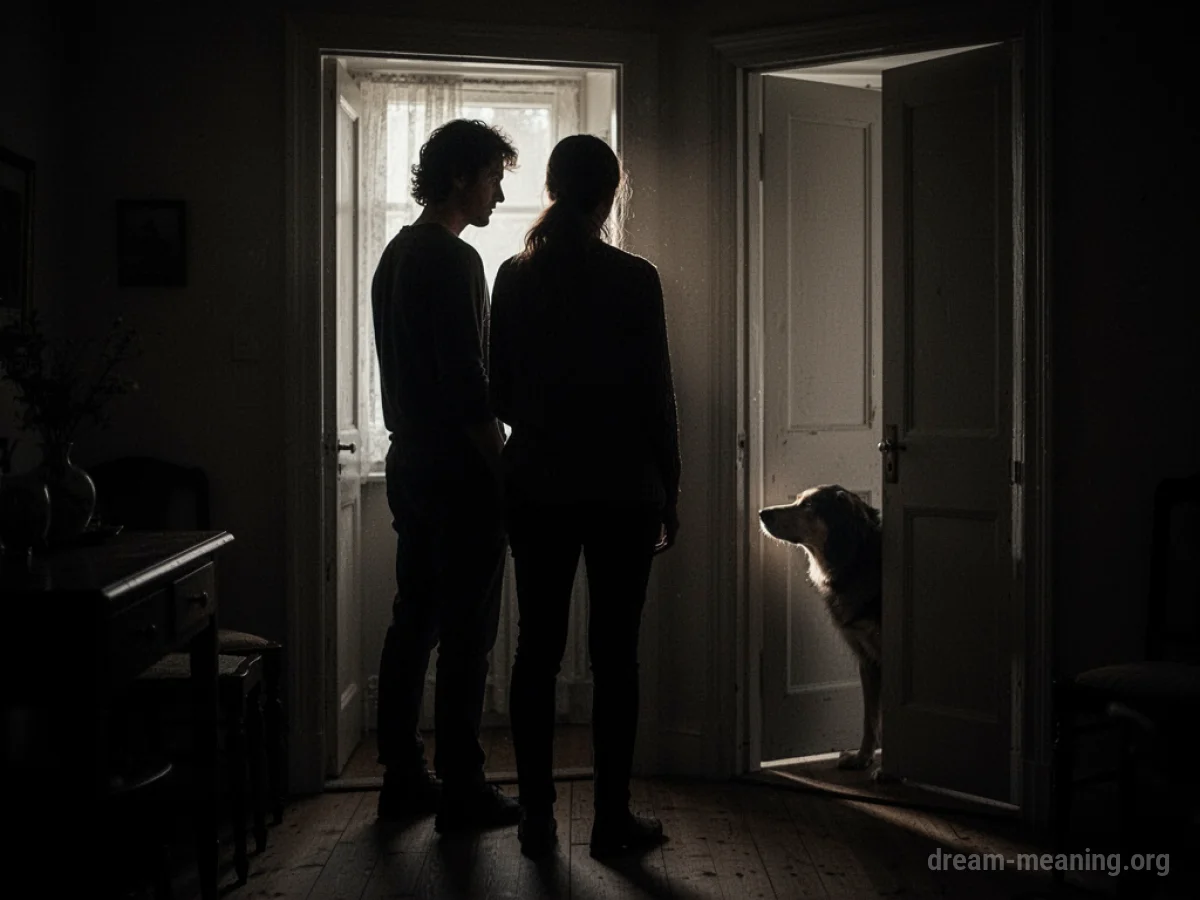 Silhouette of a person in a room with a dog's head in the shadows.