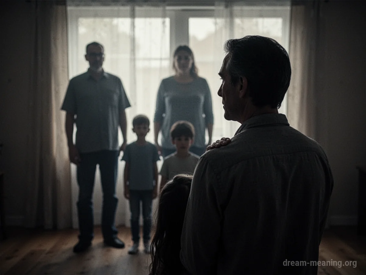 Silhouettes of family members in a dimly lit room, observing a single figure.