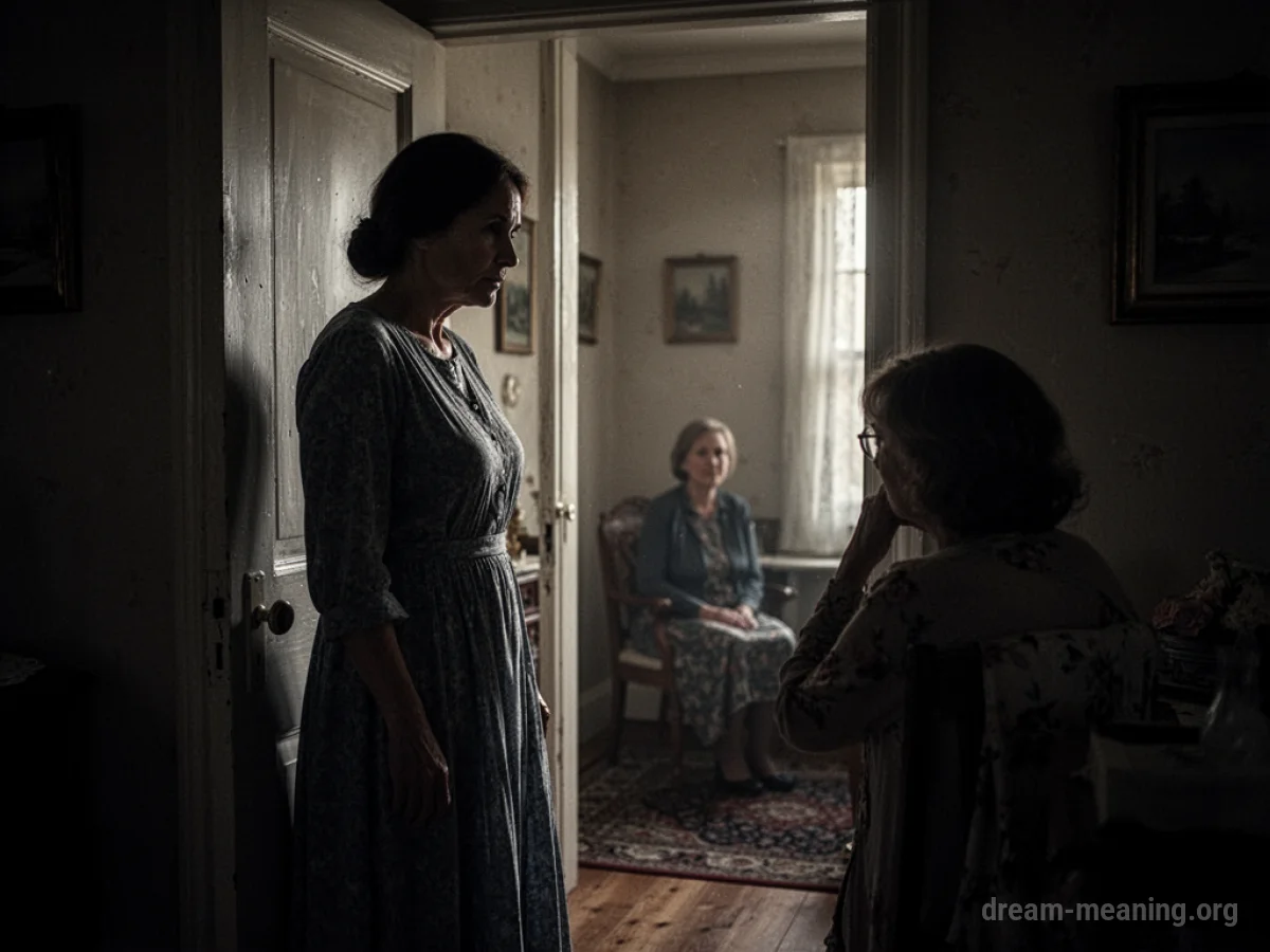 Silhouette of a mother figure in a doorway observing someone in a room.