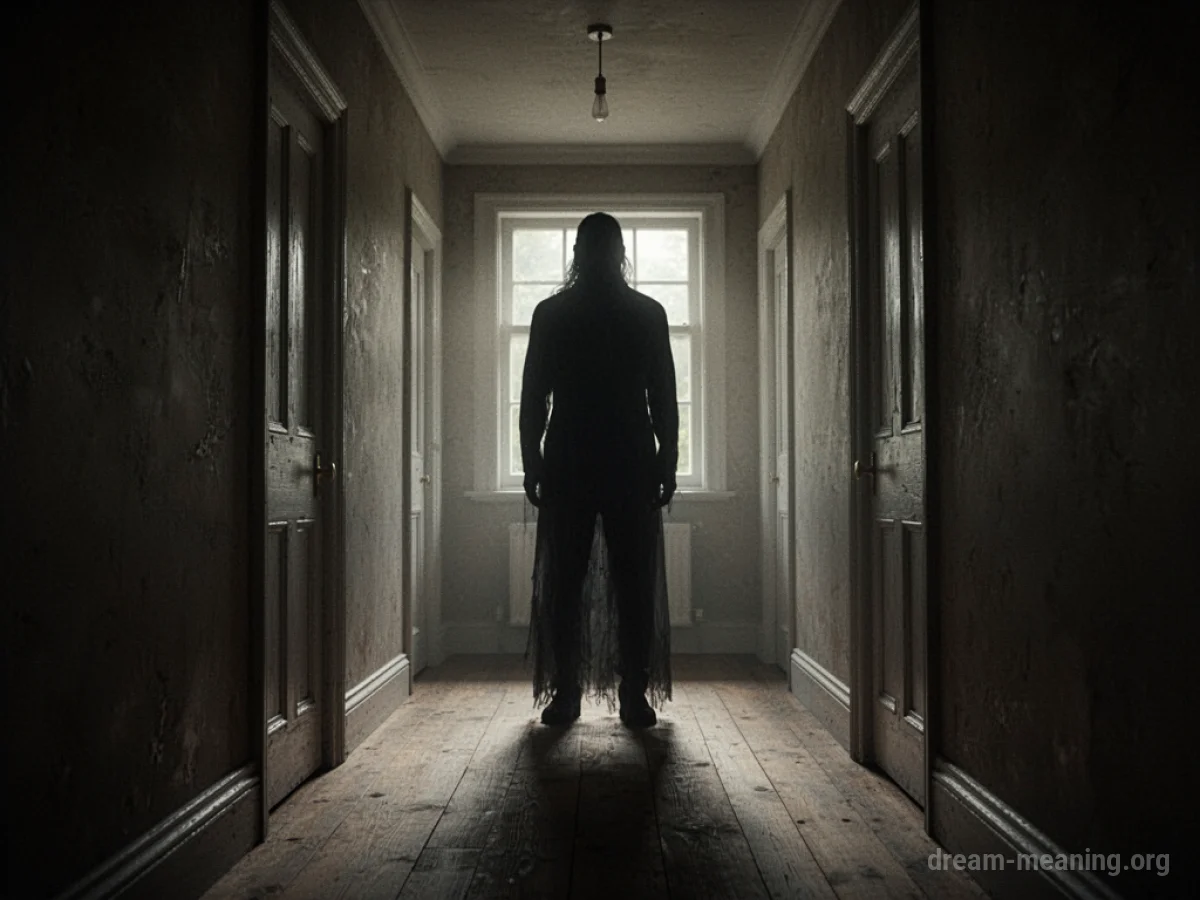 A dark, indistinct shadow figure looms in a dimly lit hallway.