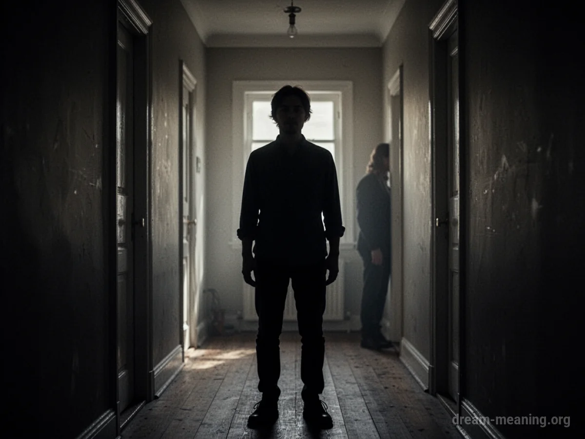 Silhouette of a person in a hallway with another faint figure in the distance.