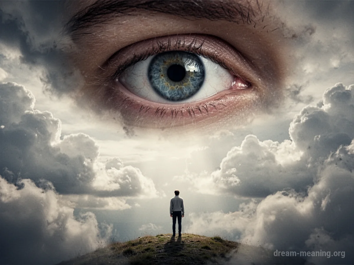 A large eye in the sky gazes down at a lone person on the ground.