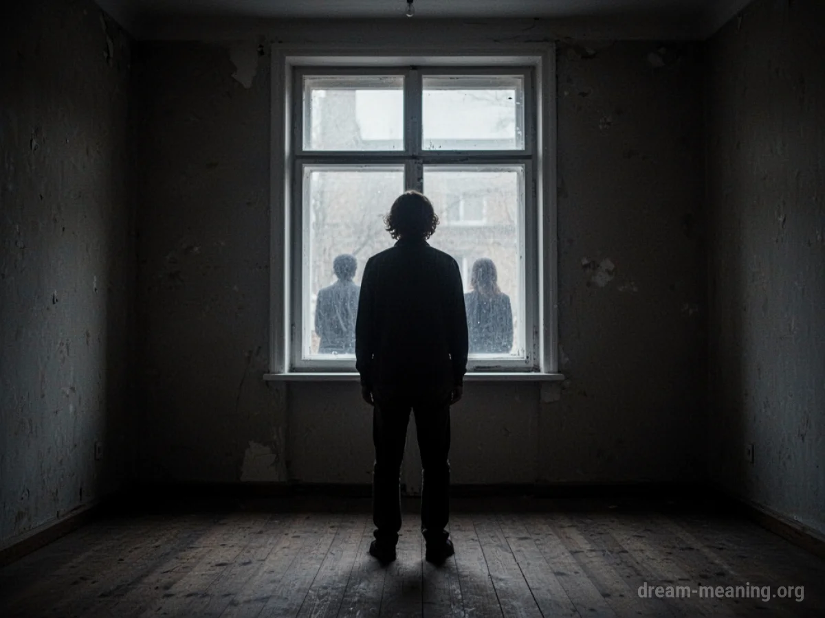 A person inside a room looking out a window at distant shadowy figures.