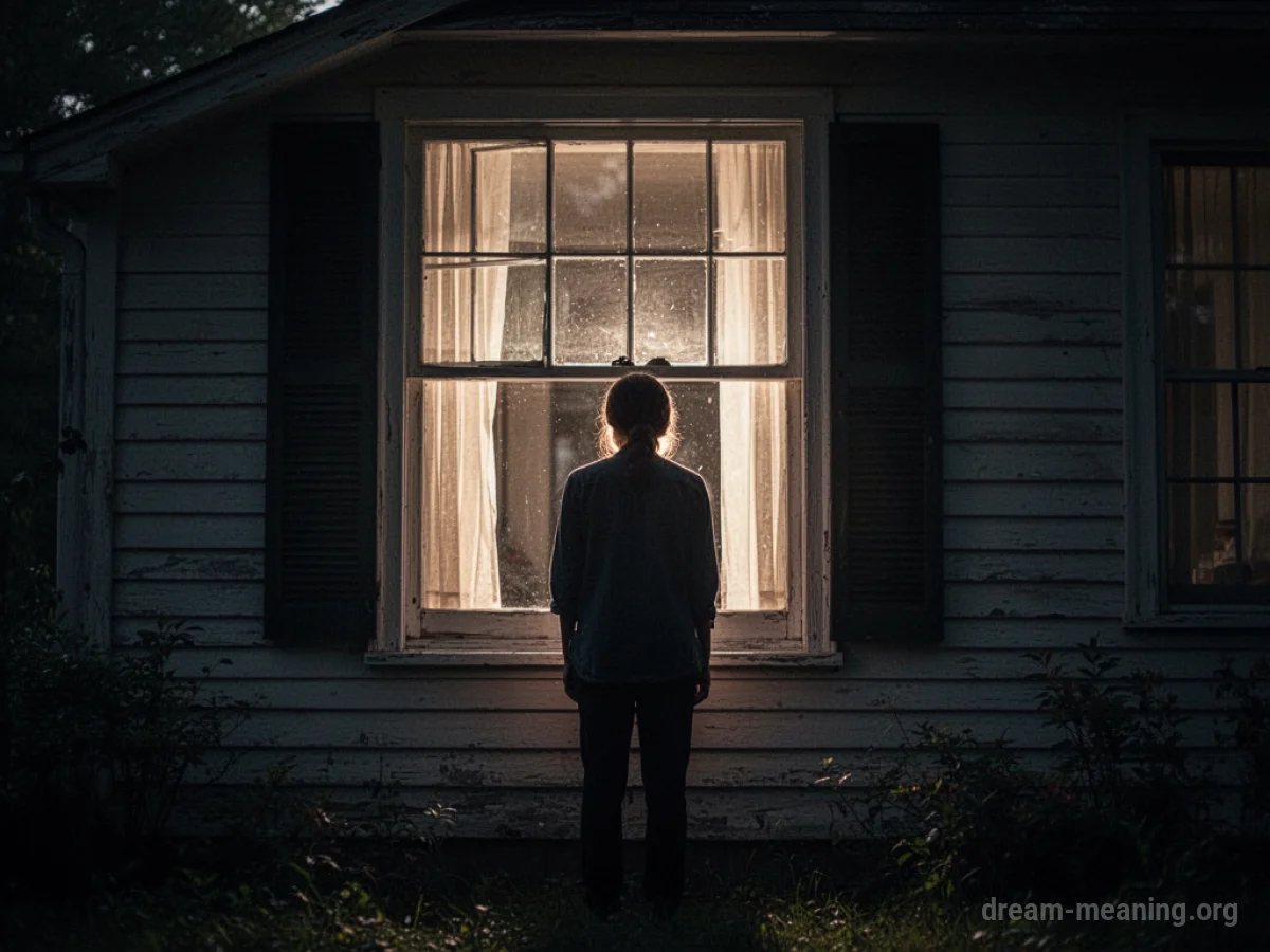 Silhouette figure outside a house window