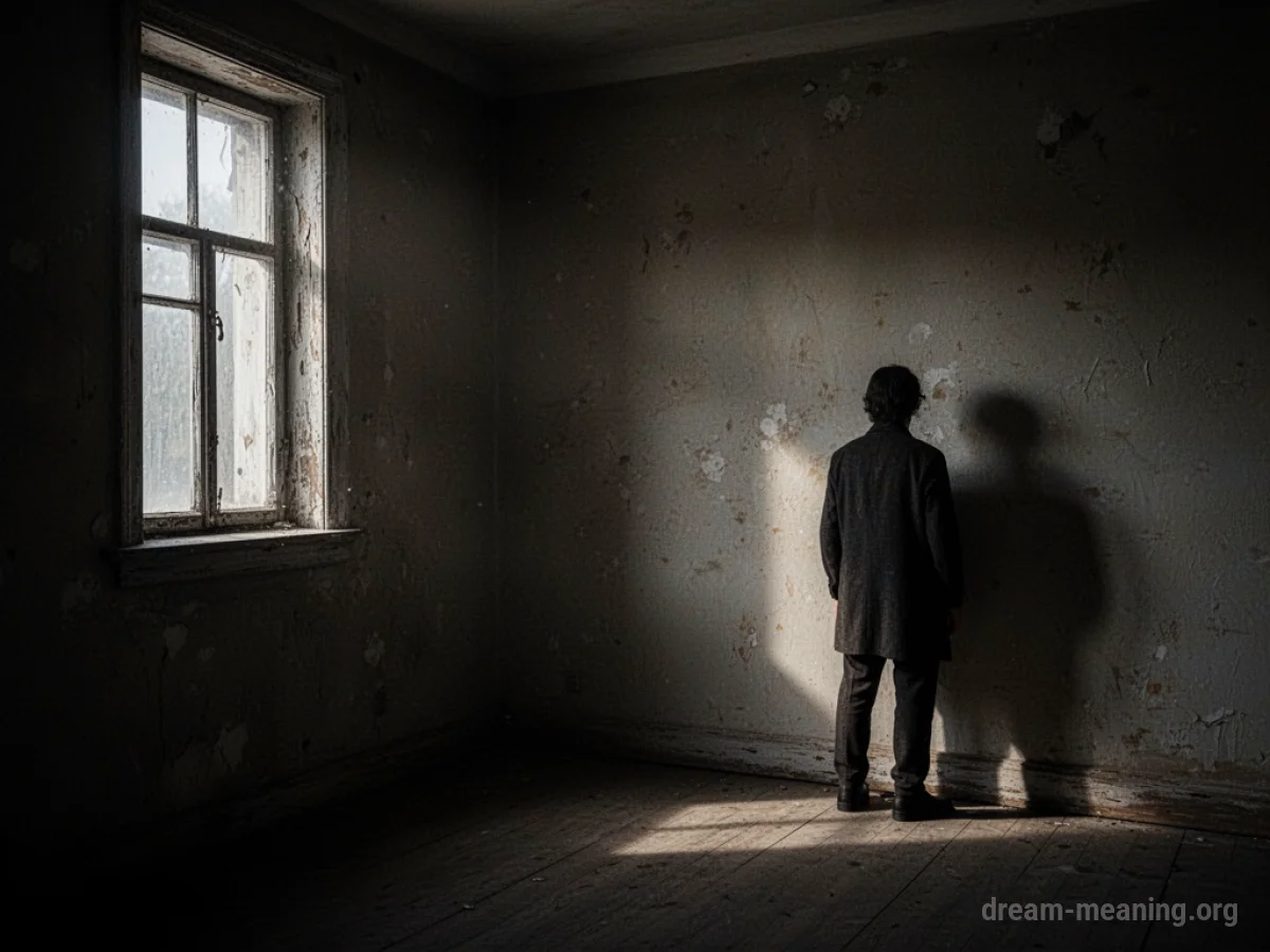 A shadowy figure stands in a dark corner of a room.