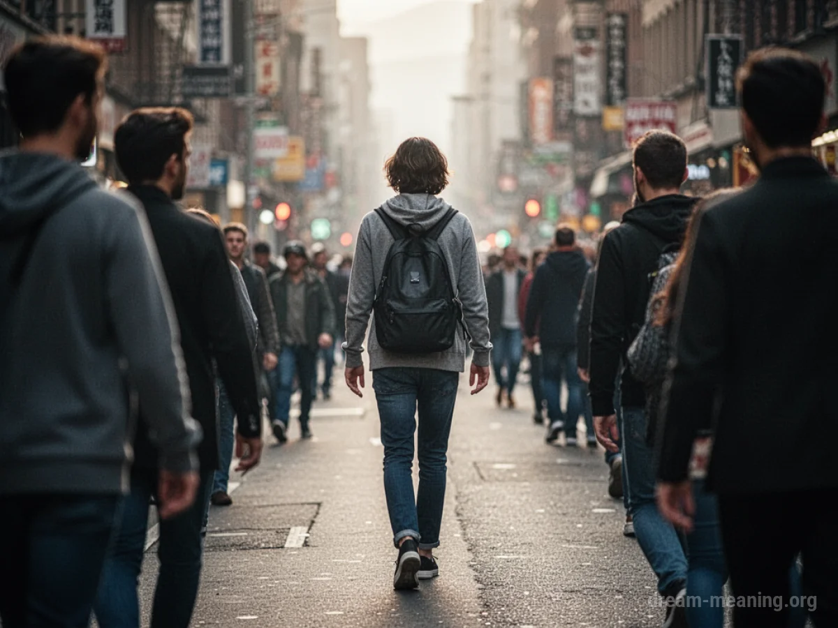 A person walking on a street with indistinct figures observing them.