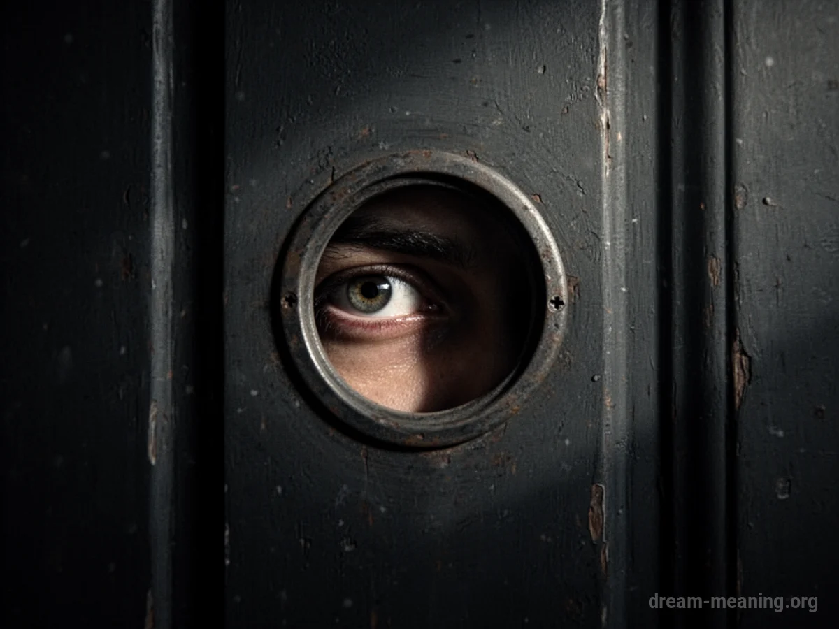 An eye looking through a door's peephole.