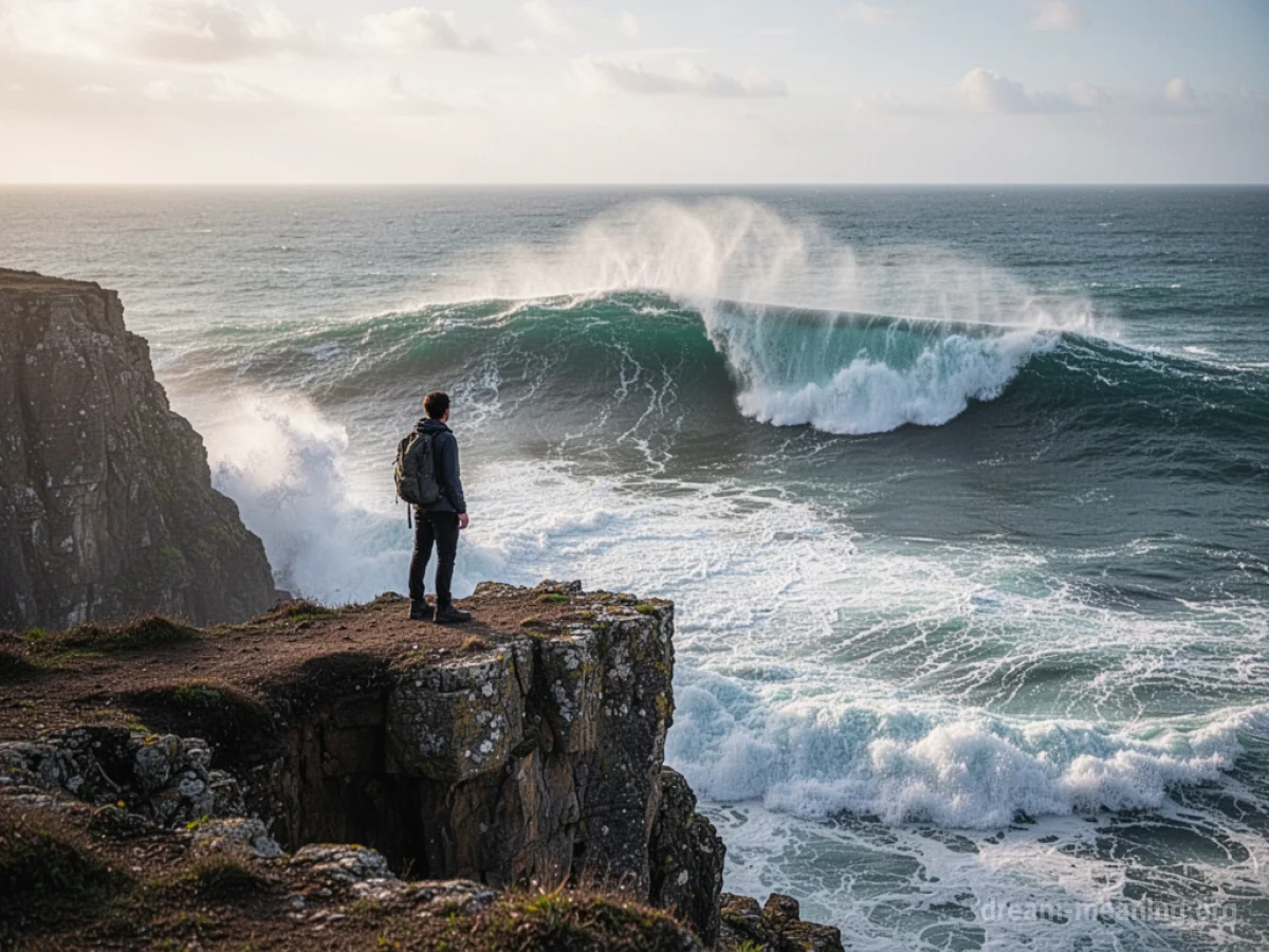 Person on cliff watching large ocean wave.