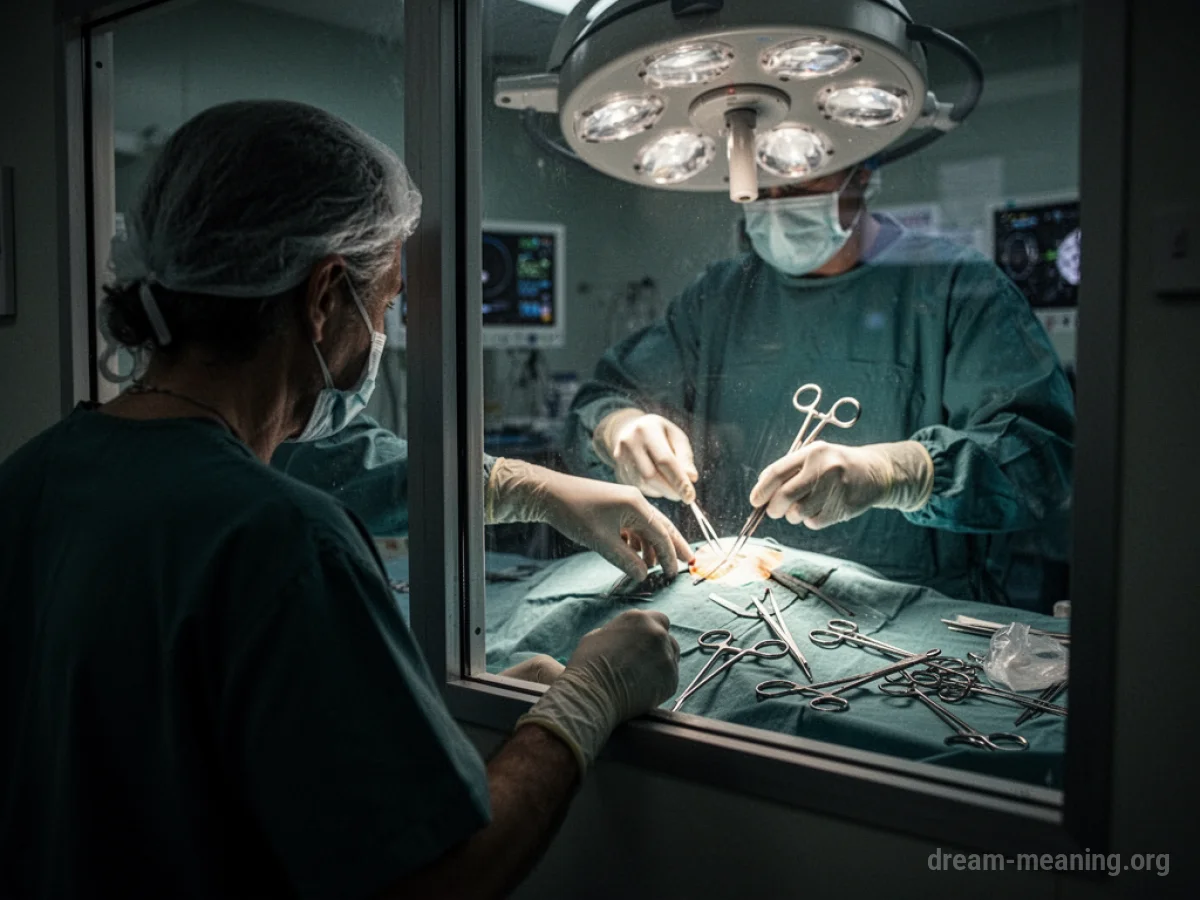 A silhouette observing a surgical procedure in a sterile room through a window.