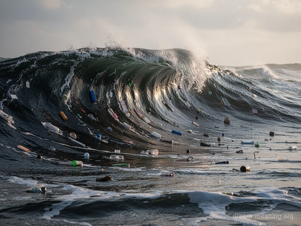 A large wave with debris floating on its surface.