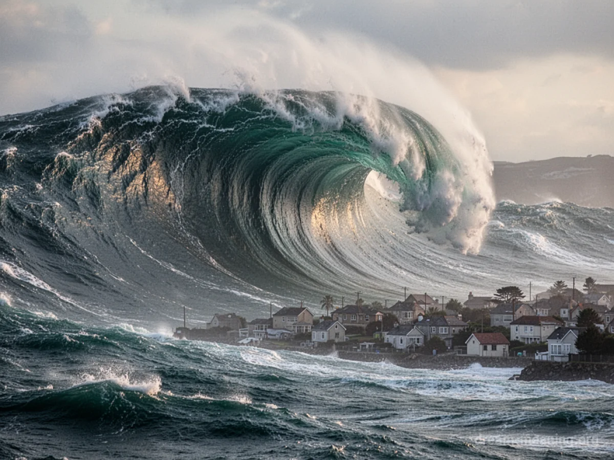 A massive ocean wave looms over a miniature town.