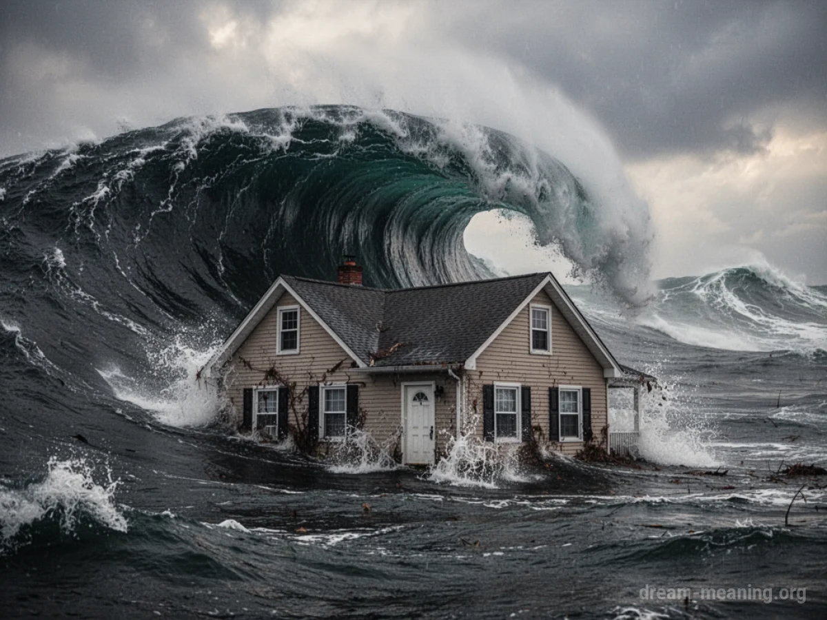 A large ocean wave towering over a suburban house.