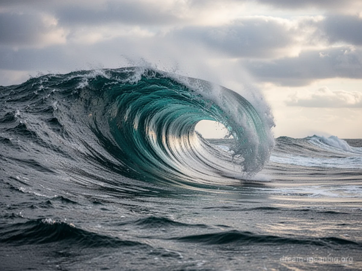A colossal ocean wave suspended in time, its crest unformed.