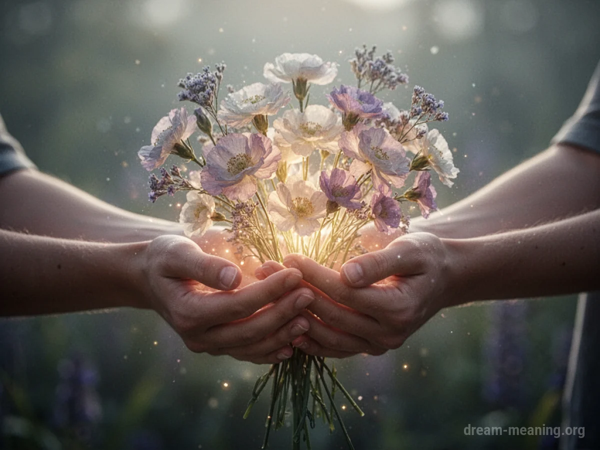 Two hands holding a bouquet of flowers.