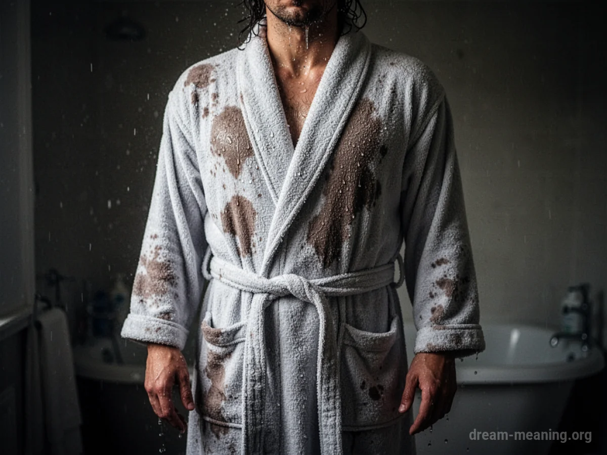 A person in a soaked bathrobe in a dark room.