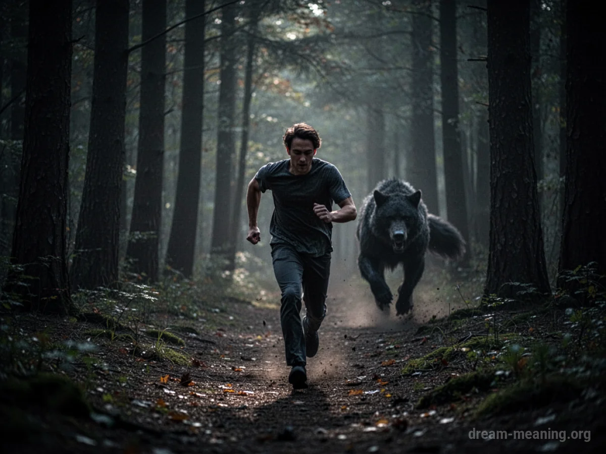 Silhouette of a person running away from a shadowy animal shape in a dark forest.