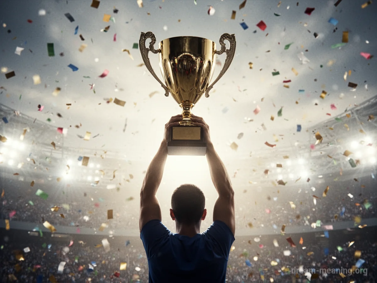 A silhouette of a person holding up a trophy.