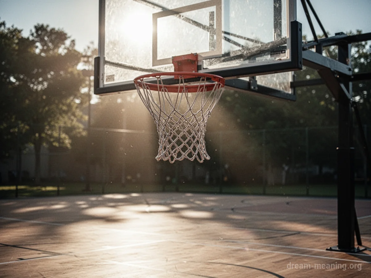 A basketball hoop and net on an empty court.