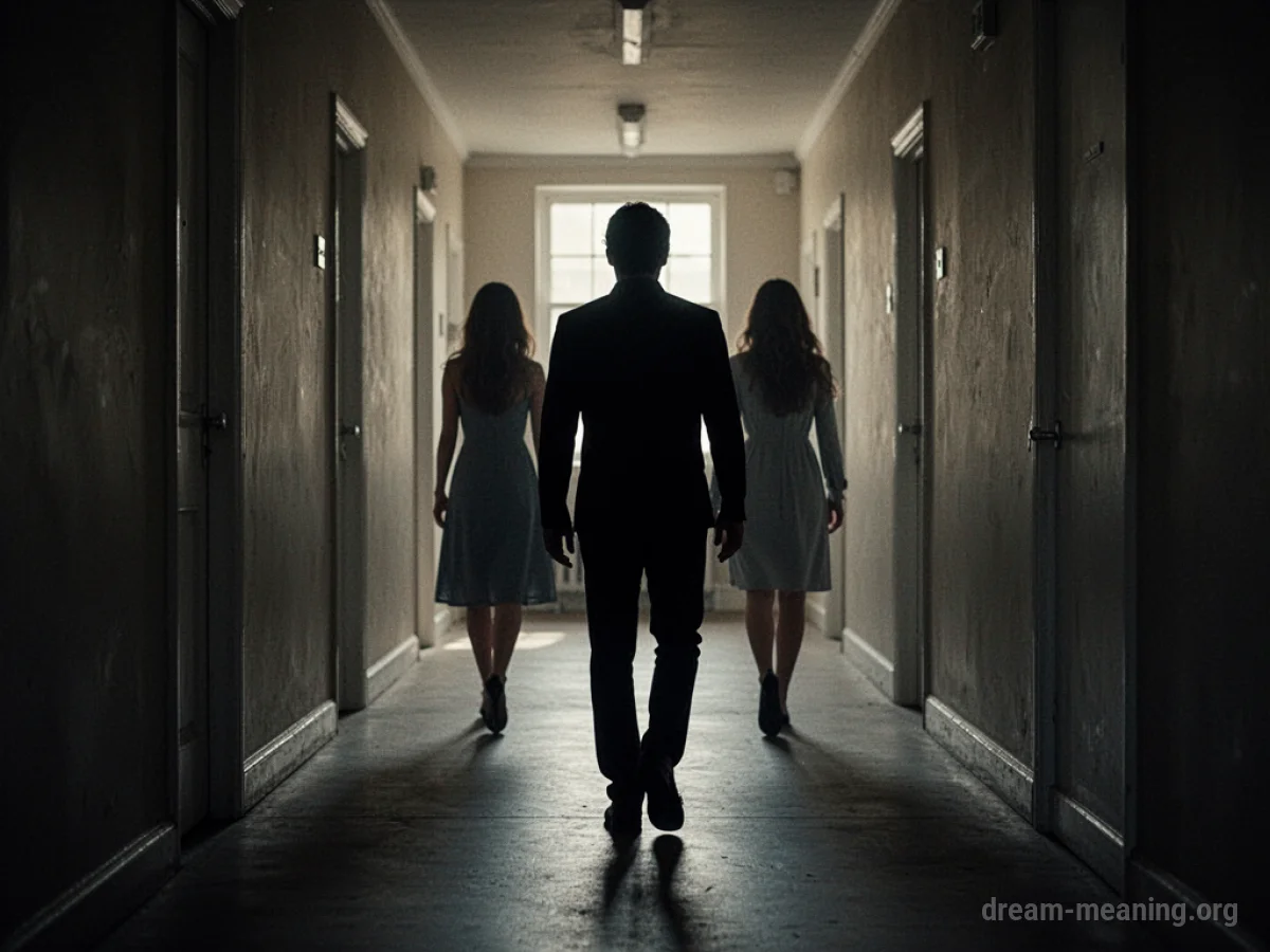 Silhouette of a woman walking behind another person in a dark hallway.
