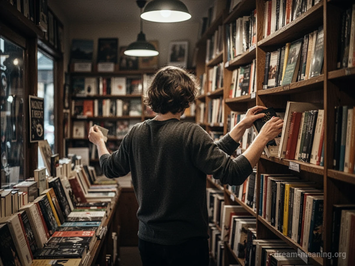 Person arranging books on shelves in a bookstore.