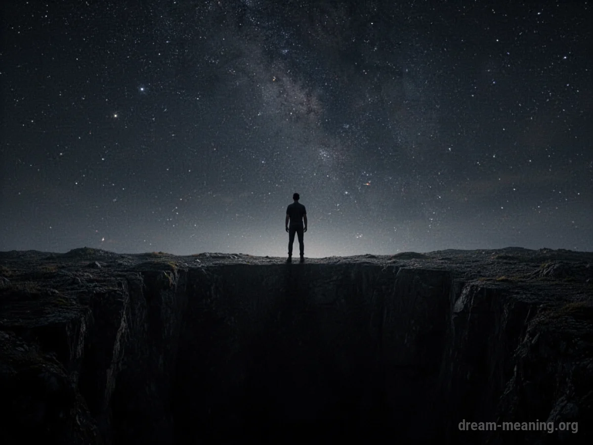 A solitary figure stands before an immense, dark expanse.