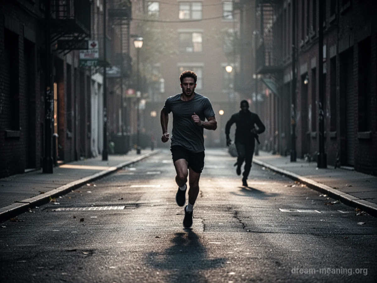 A person running away from a shadowy figure in a dark alley.