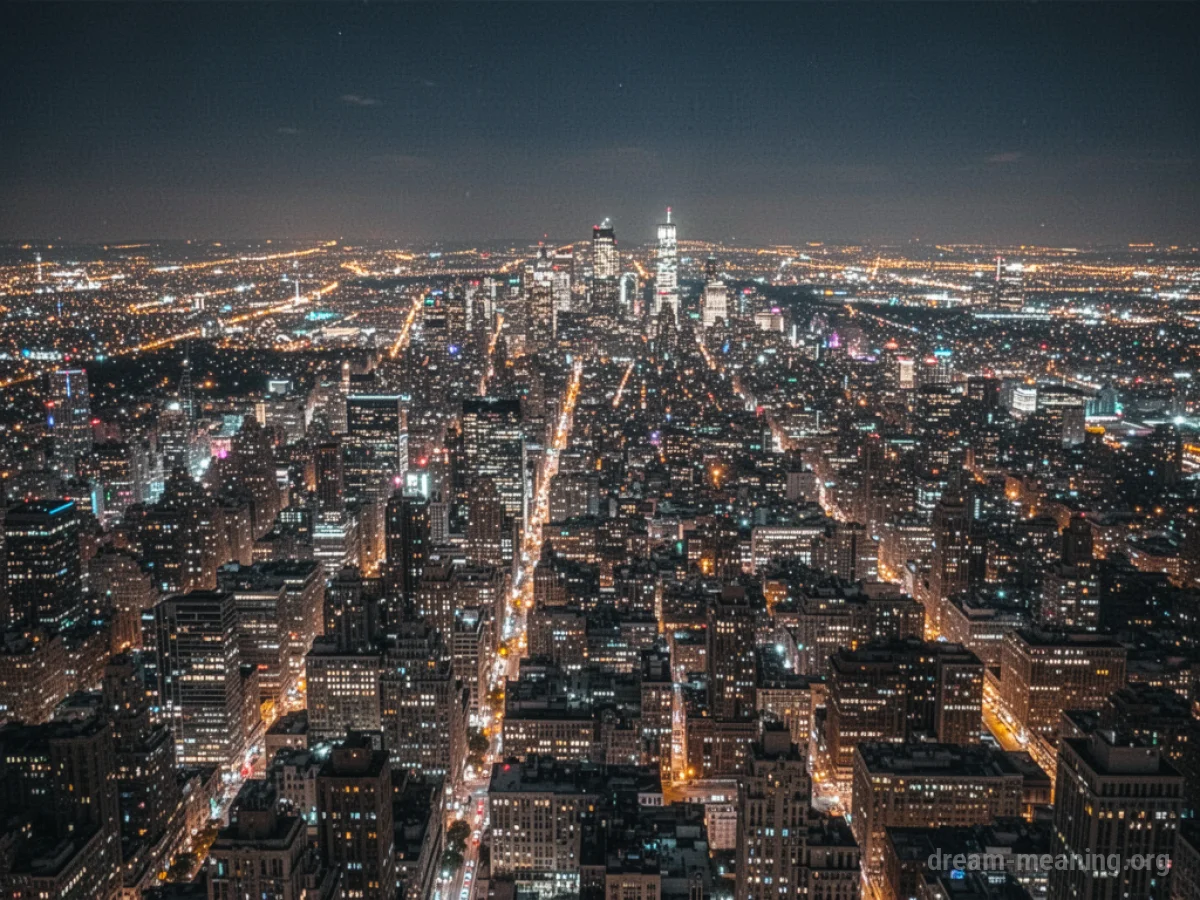A sprawling urban landscape at night filled with innumerable illuminated windows and streetlights.