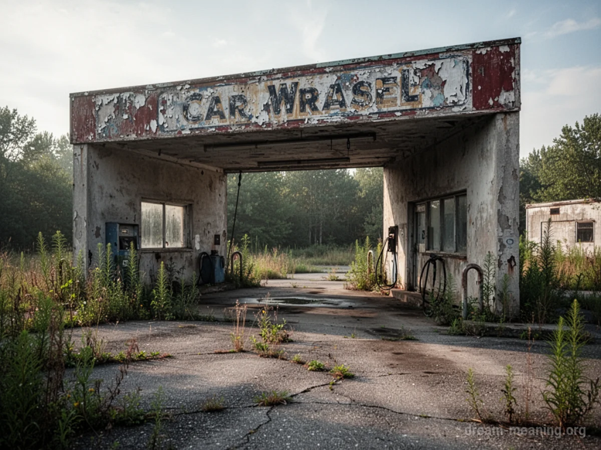 An overgrown, dilapidated car wash building with weeds growing through the pavement.