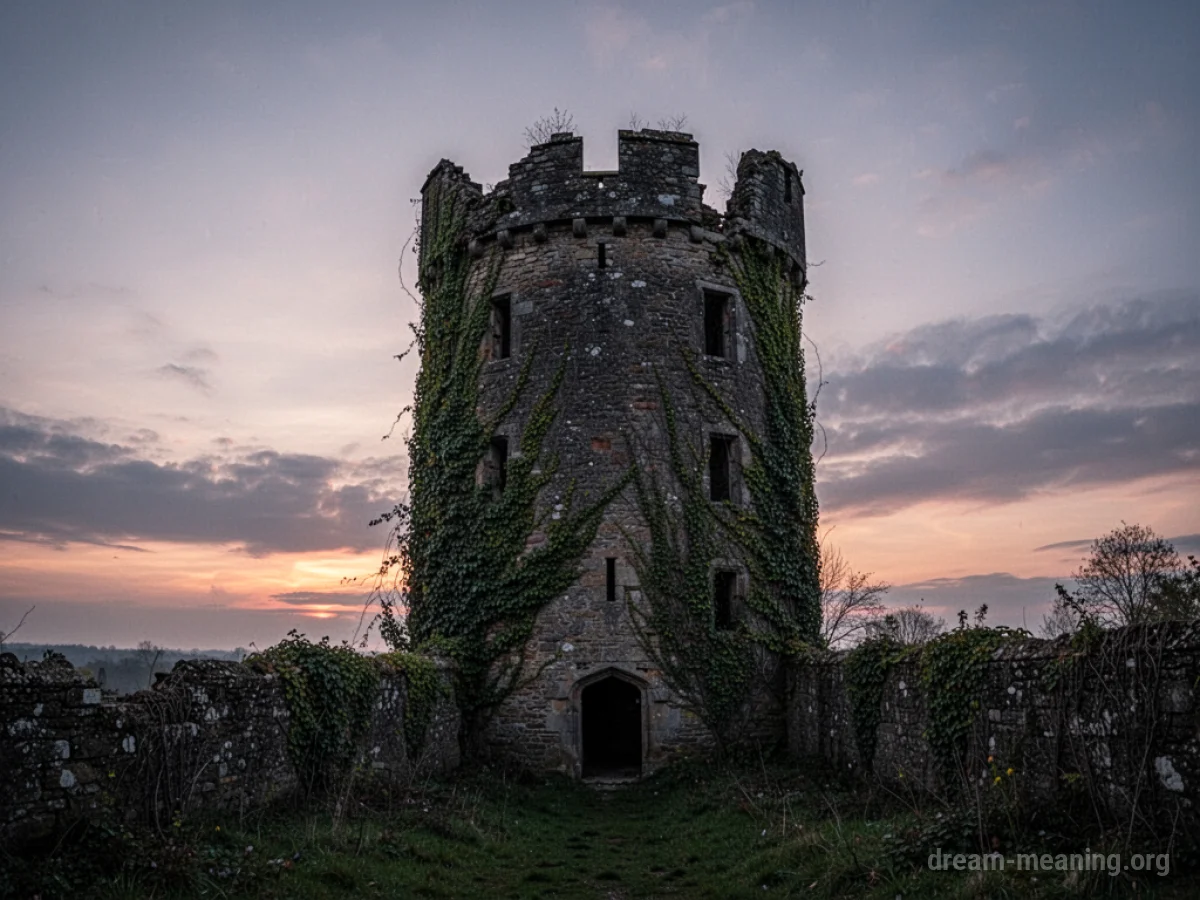 A desolate stone castle tower covered in ivy under a dark sky.