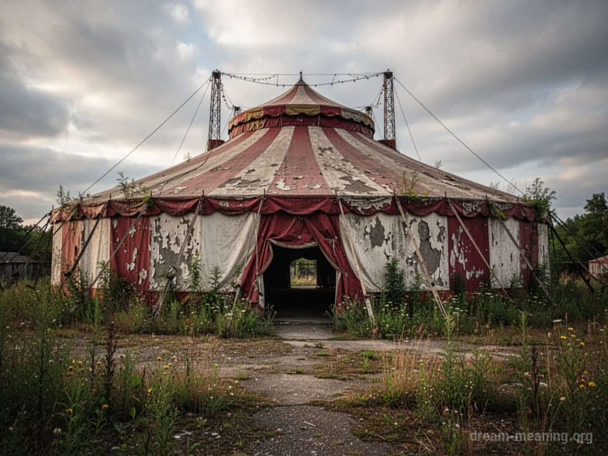 An old, decaying circus tent with vines growing over it.