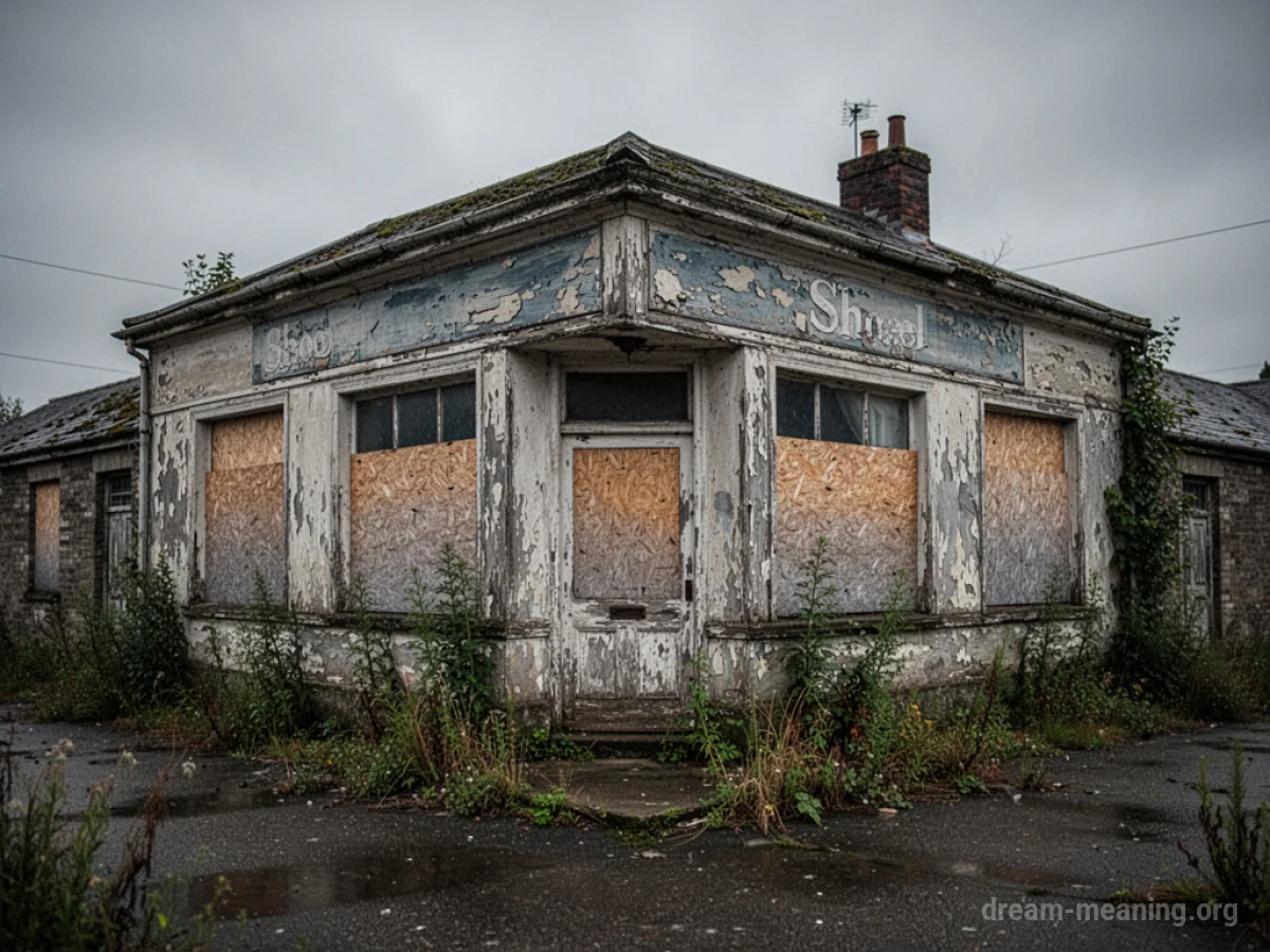 A dilapidated corner shop with weeds growing around it.