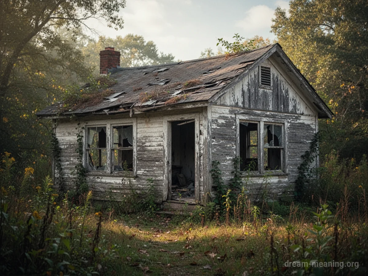 An old, neglected cottage with vines growing on its walls and broken window panes.