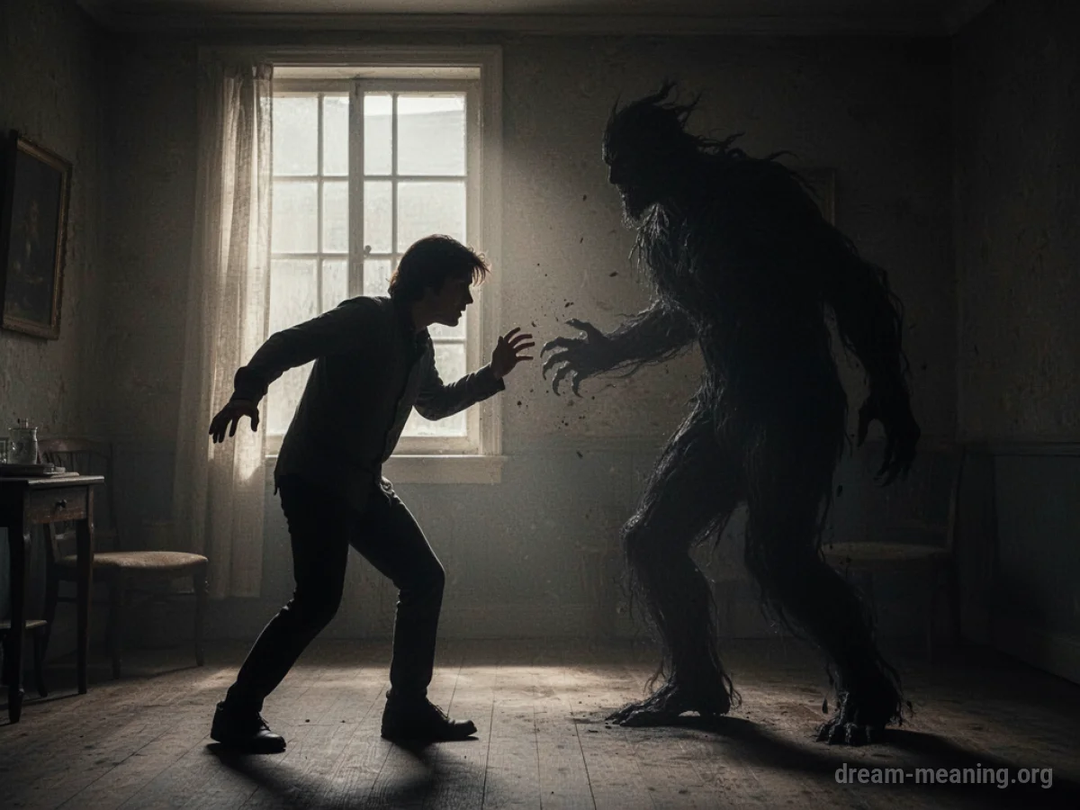 Silhouette of a person turning away from a large shadow.