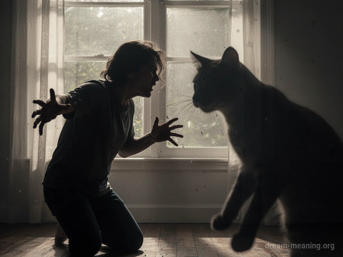 Silhouette of a person facing away from a dark, cat-like form.