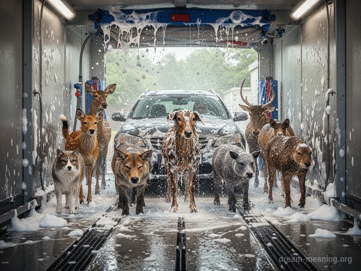 Various animals inside a car wash.