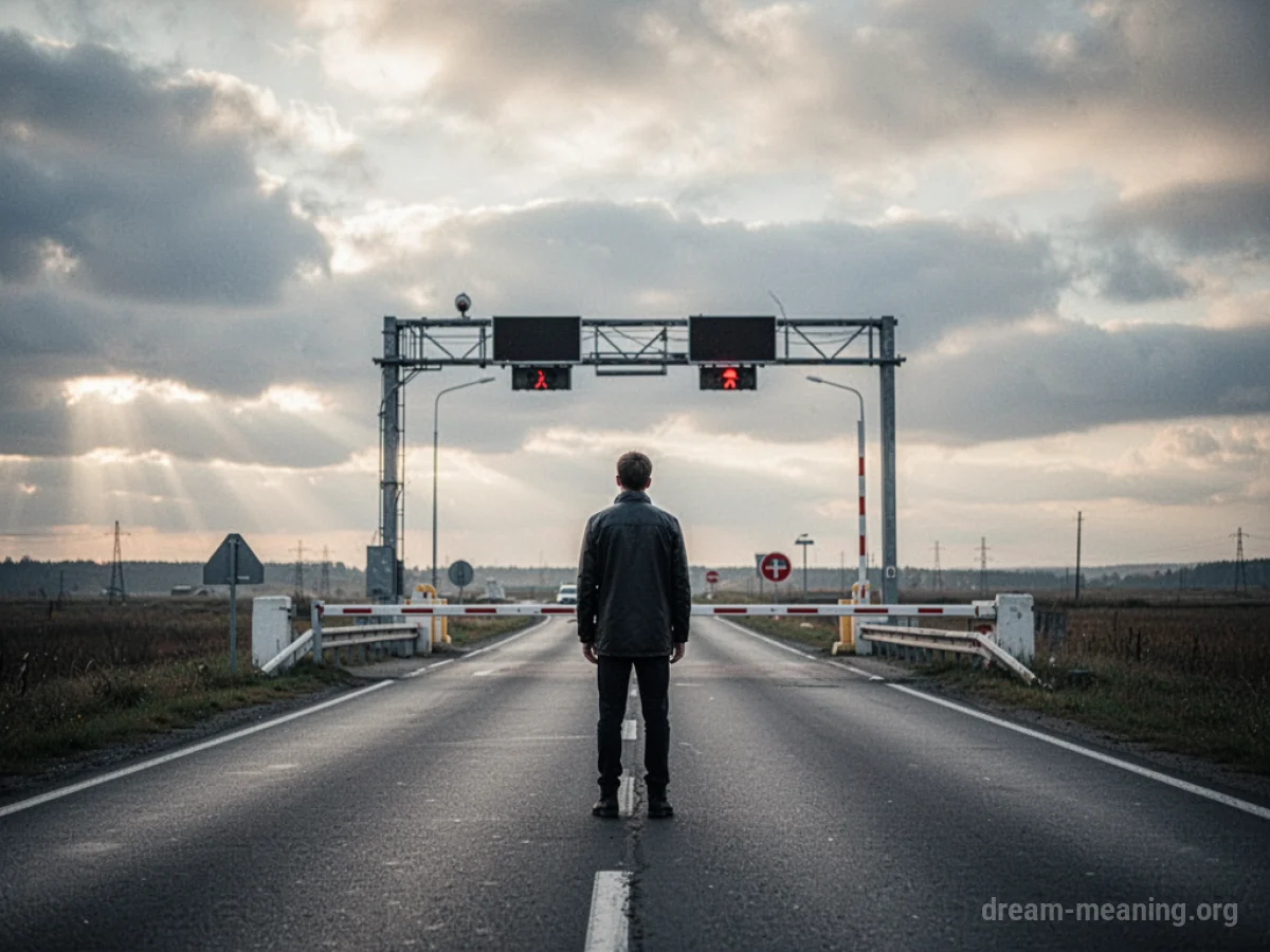 A person looks toward a distant checkpoint barrier on a road.