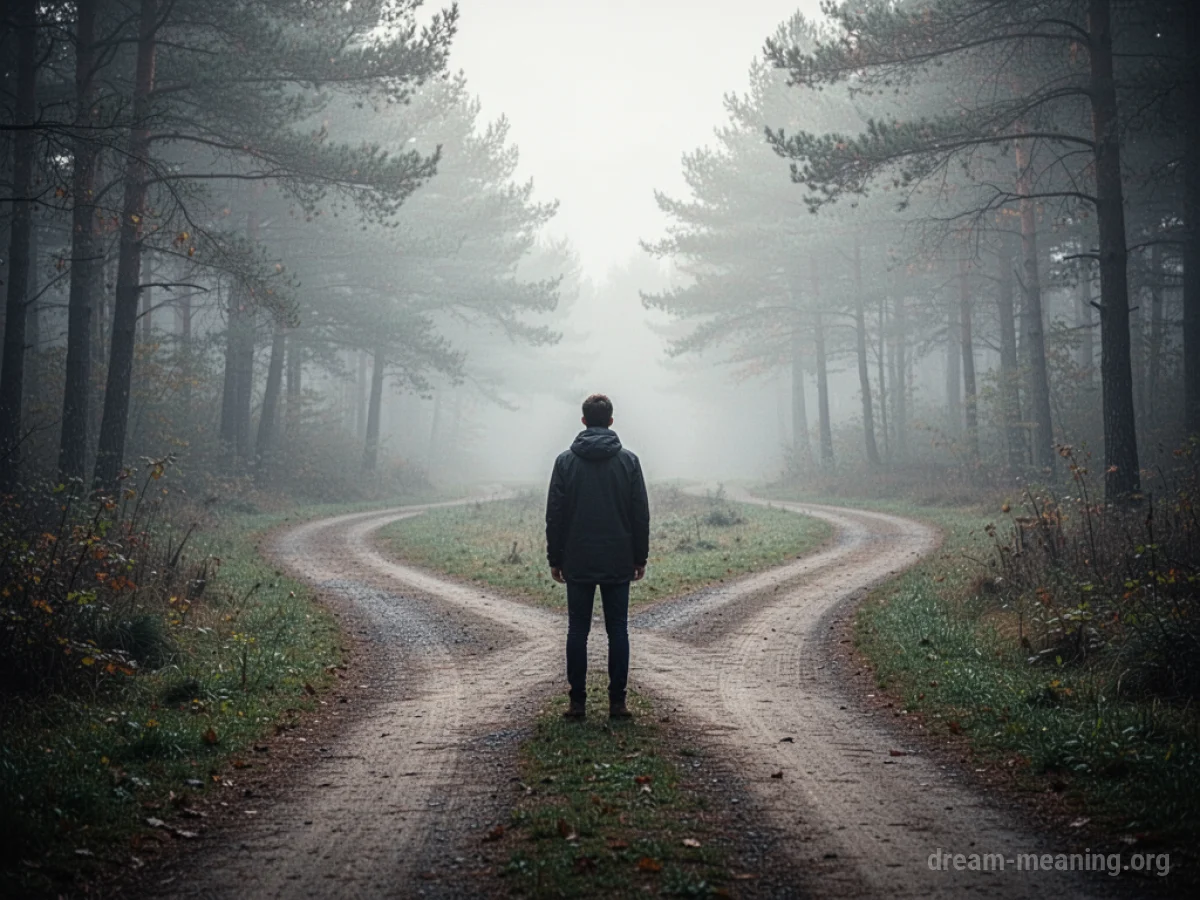 A person stands at a junction of two paths disappearing into fog.