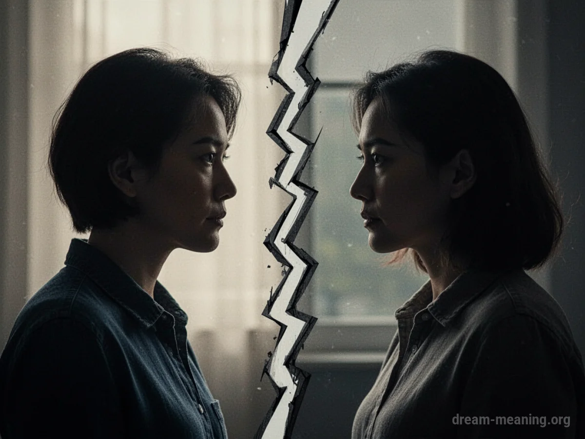 Two indistinct human figures facing each other, separated by a jagged, fractured line.