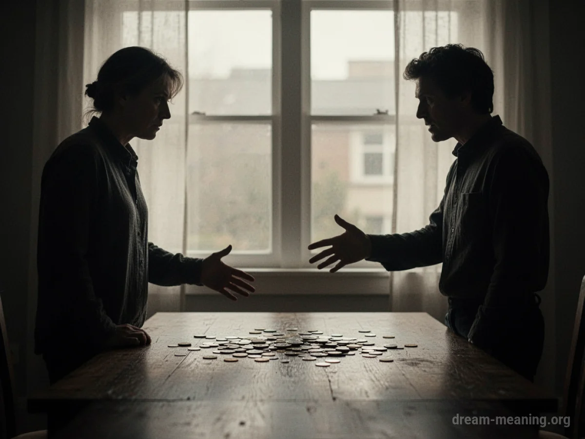 Two silhouetted figures arguing over scattered coins on a table.