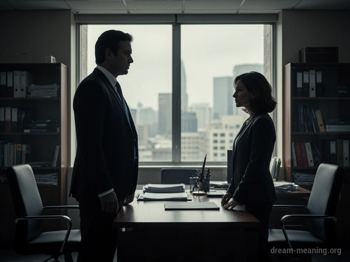 Two silhouetted figures facing each other across an office desk.