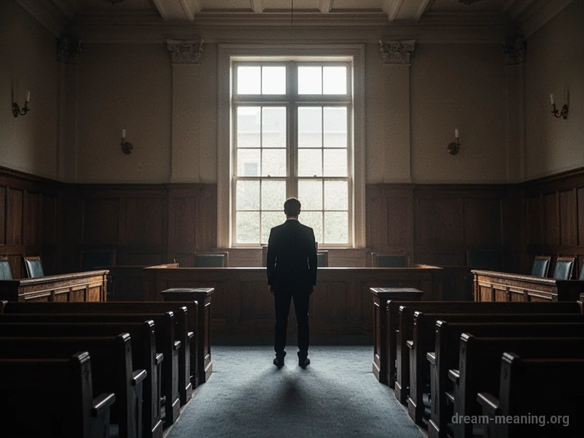 Silhouette of a person standing alone in a large, empty courtroom.