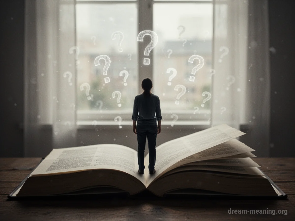 Silhouette of a person standing before a large open book with question marks in the air.