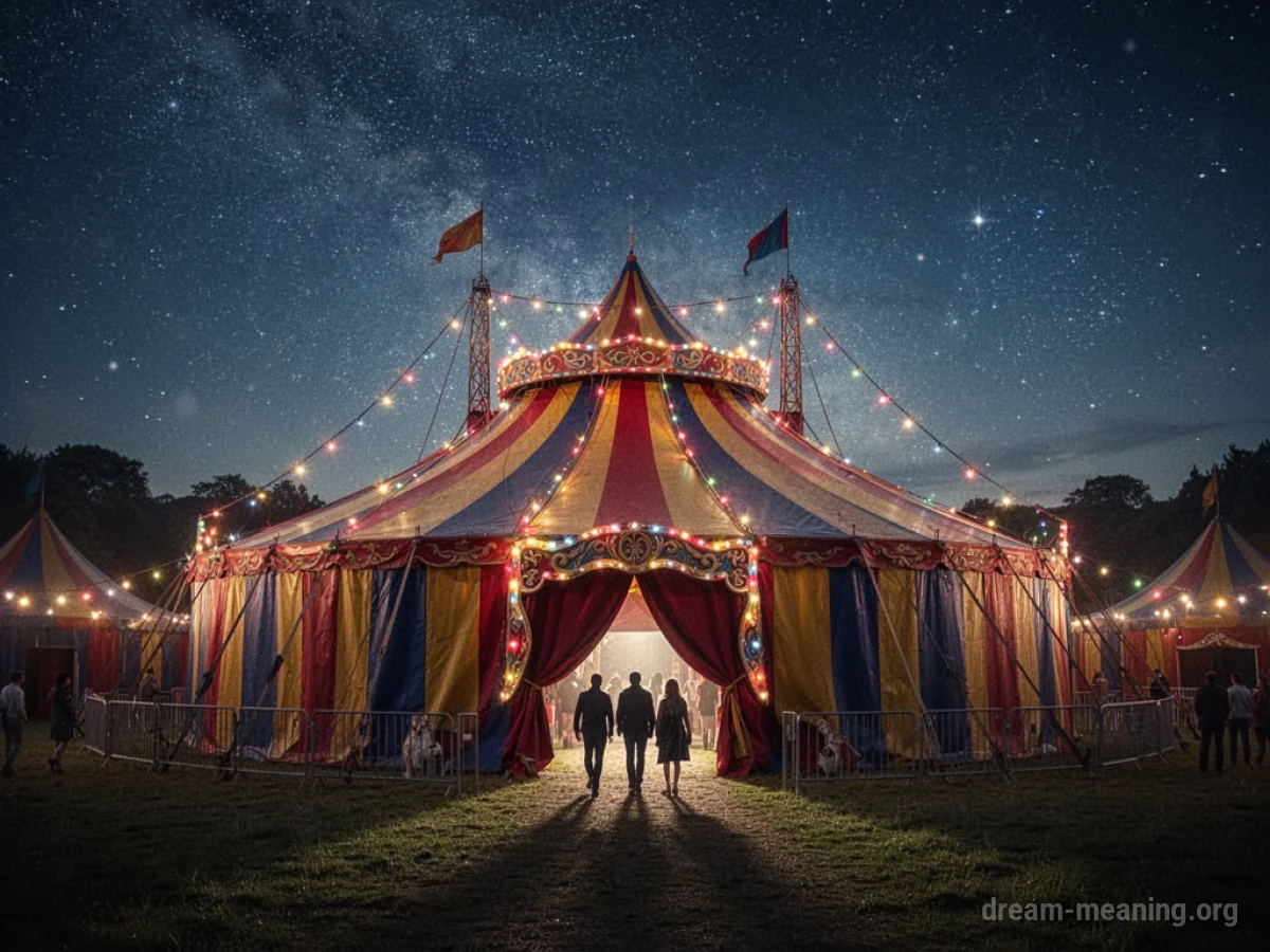 A brightly lit circus tent at night with a few people walking towards the entrance.