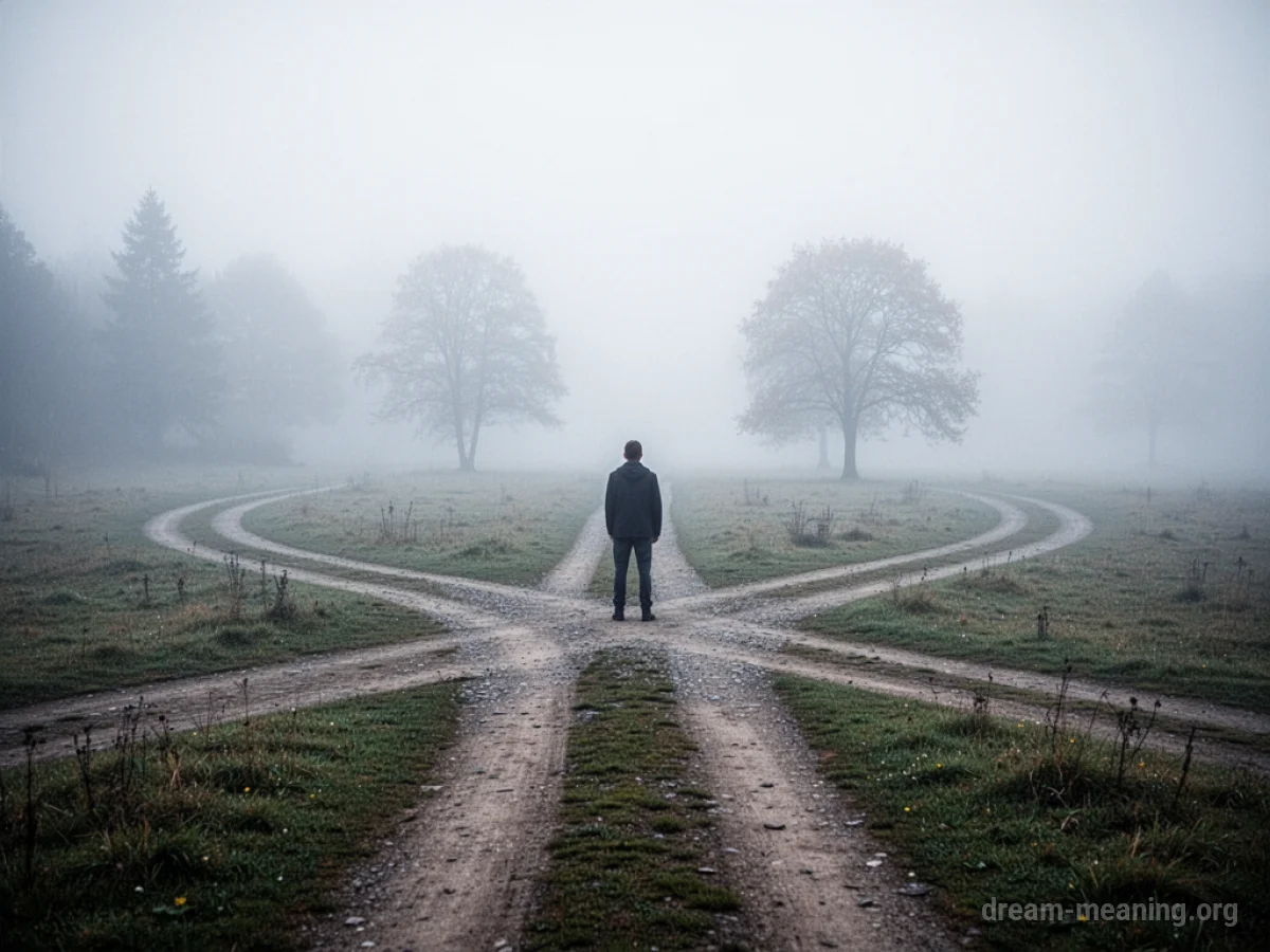 A person at a fork in a road surrounded by fog.
