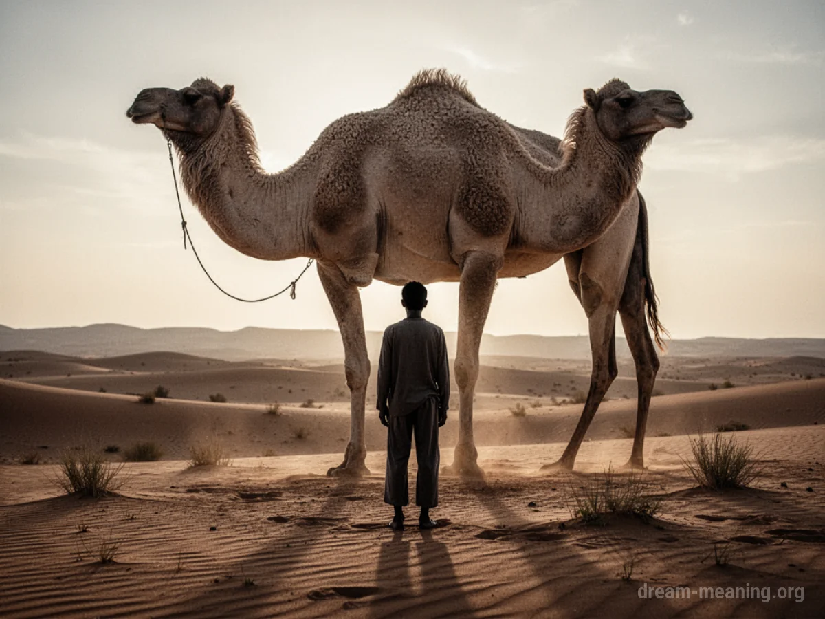 Silhouette of a person facing a large camel in a desert.