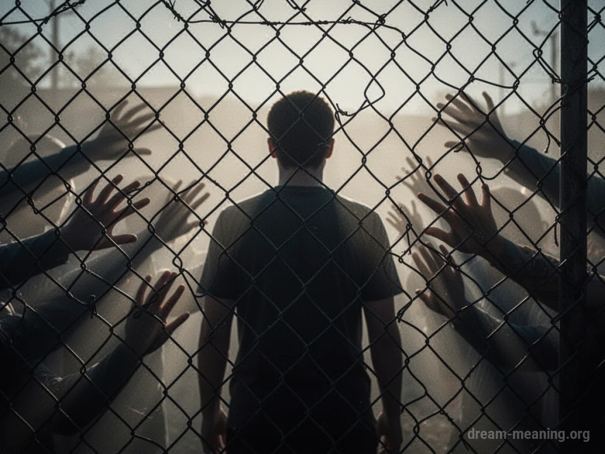 Silhouette of a person behind a chain link fence with shadowy hands reaching through the fence.