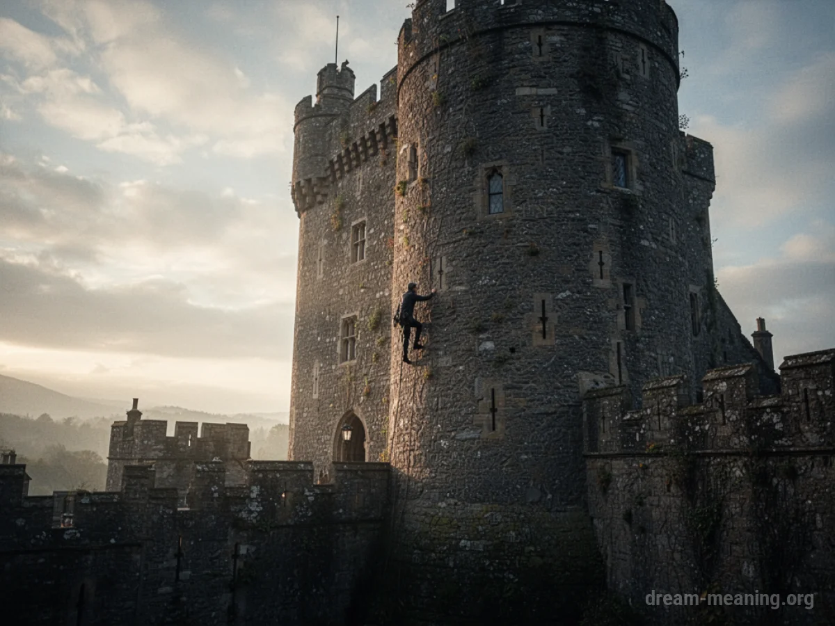 Silhouette of a person climbing the outer wall of a tall stone castle tower.