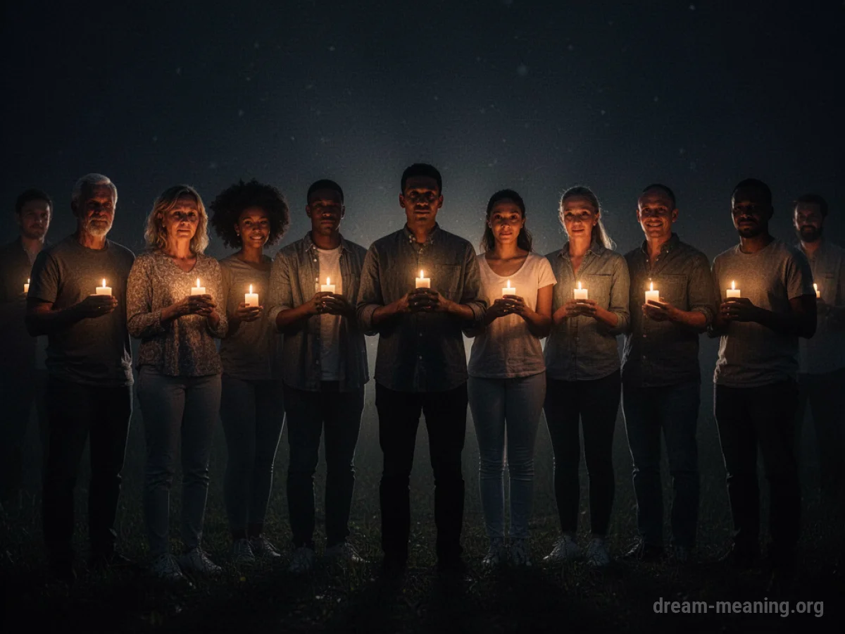 Silhouetted figures holding candles in darkness.