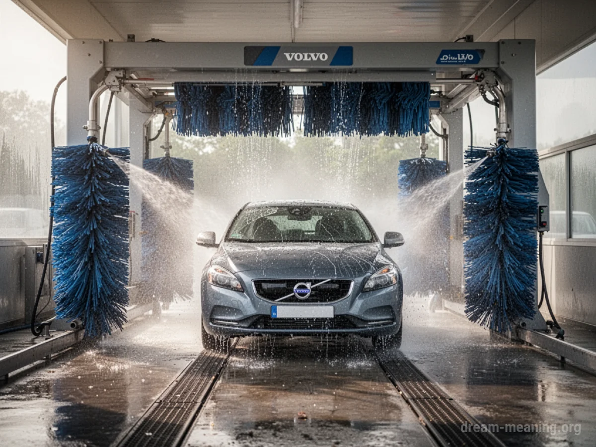 A car being cleaned by automated brushes and water jets inside a car wash tunnel.