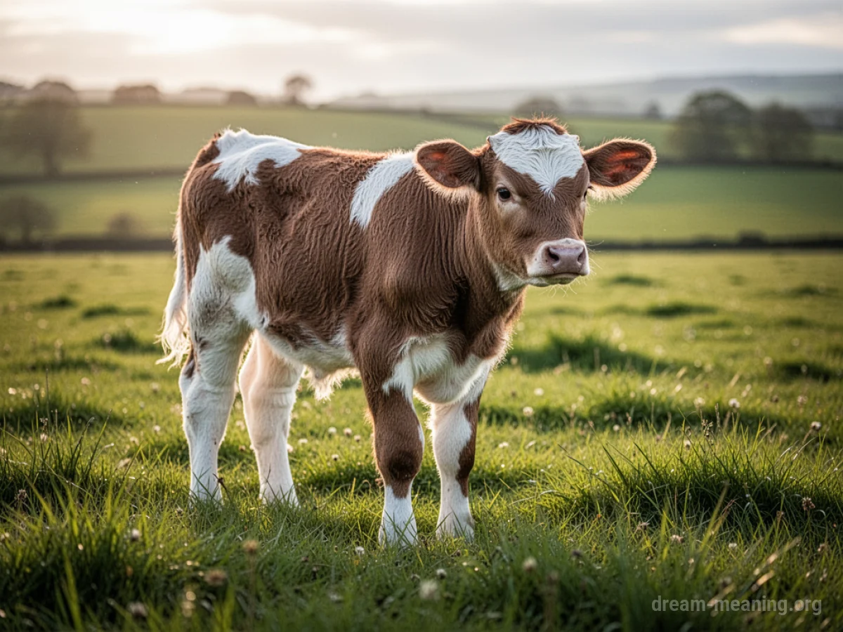 A small, young calf standing in a field.